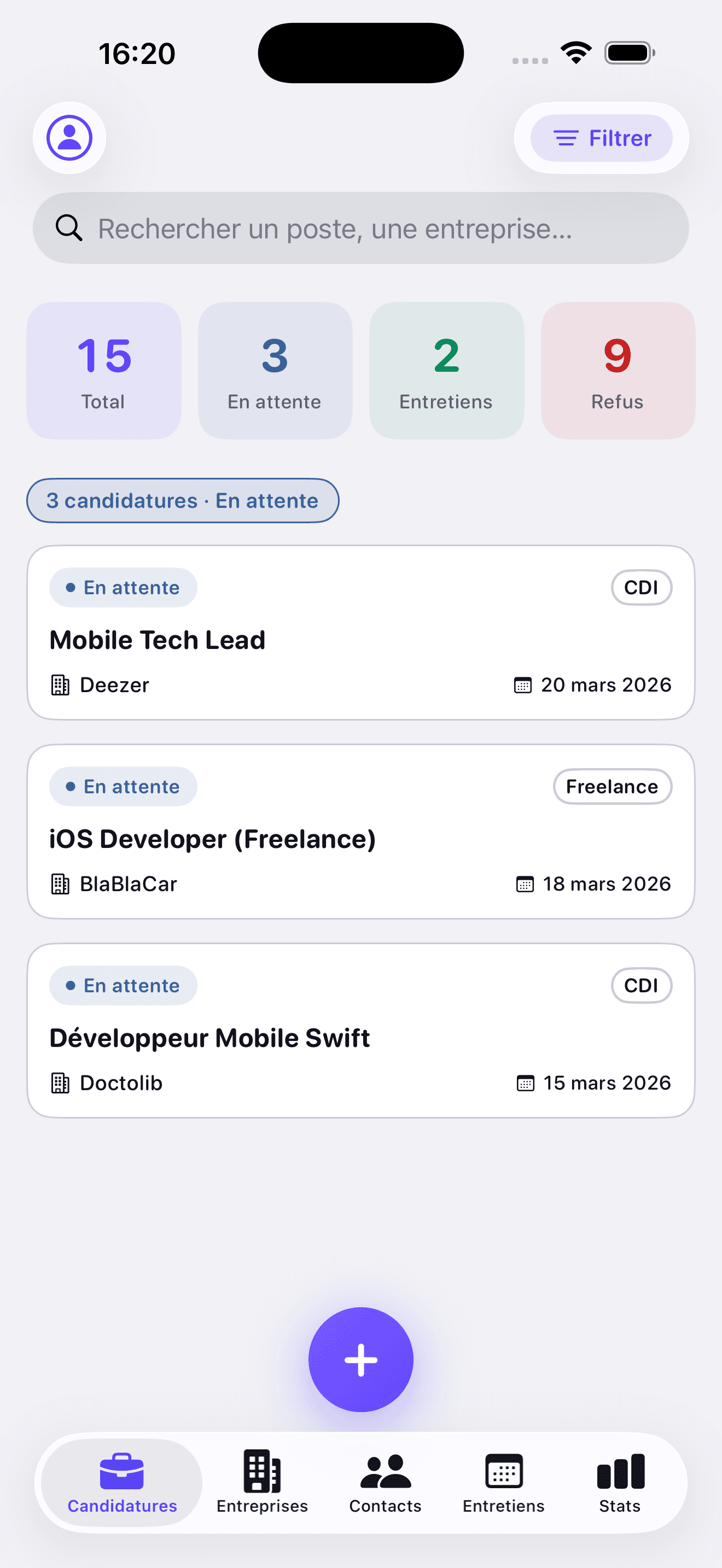 Écran candidatures Candilog